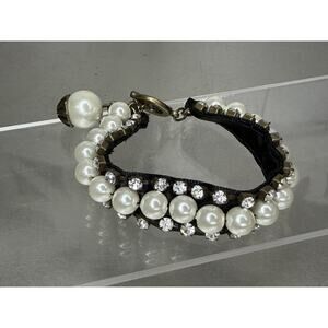 Chicos Large Pearl Silver Tone Bracelet Rhinestones Black Toggle